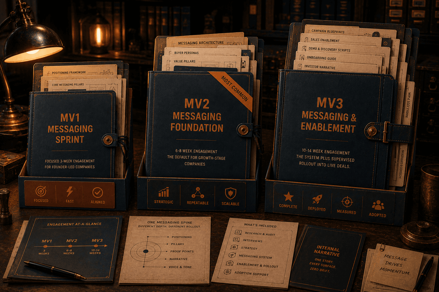 an image of three folders and documents describing the packages talkerstein consulting offers for message and voice service