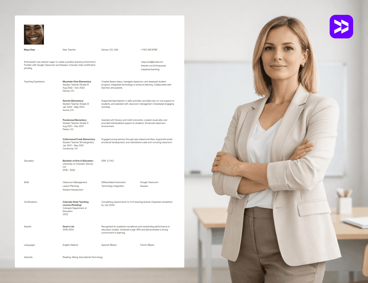 Teacher resume example on a clean textured background