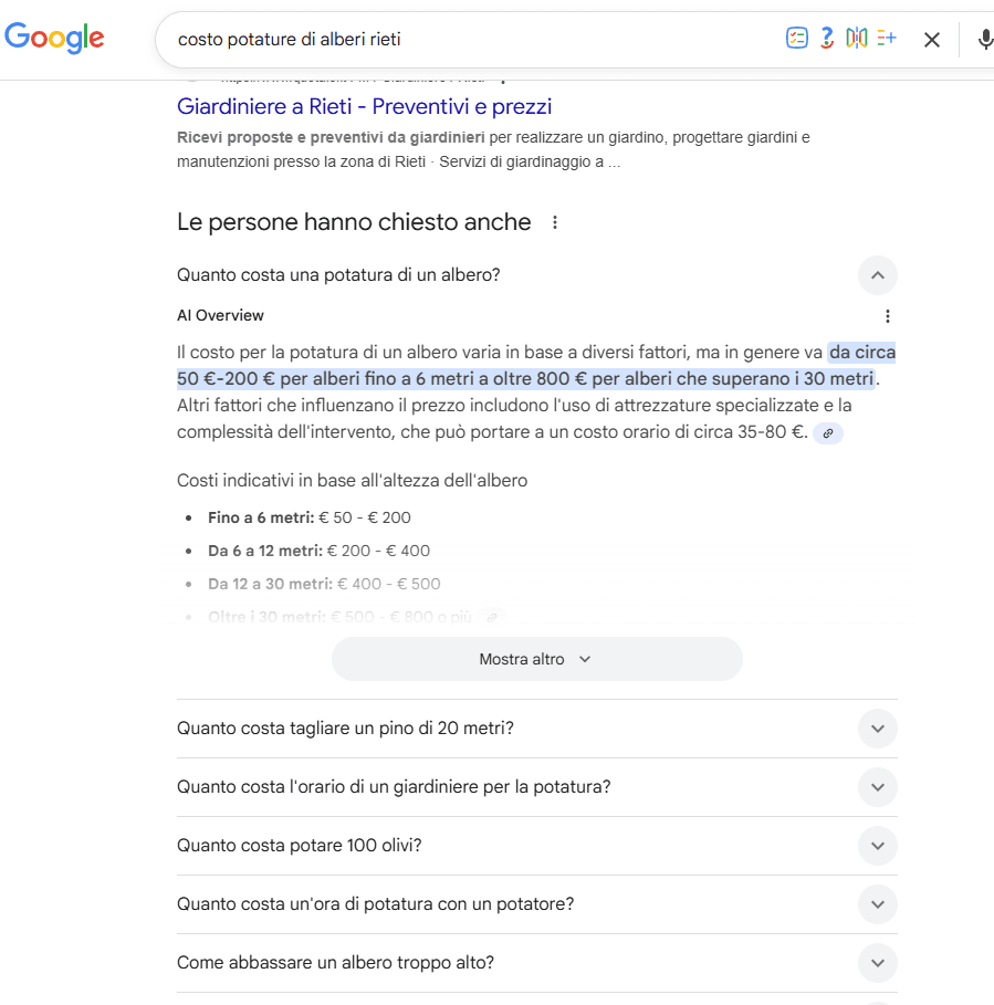 screen di ricerca di agriturismo aprilia con snippet People also ask aperto