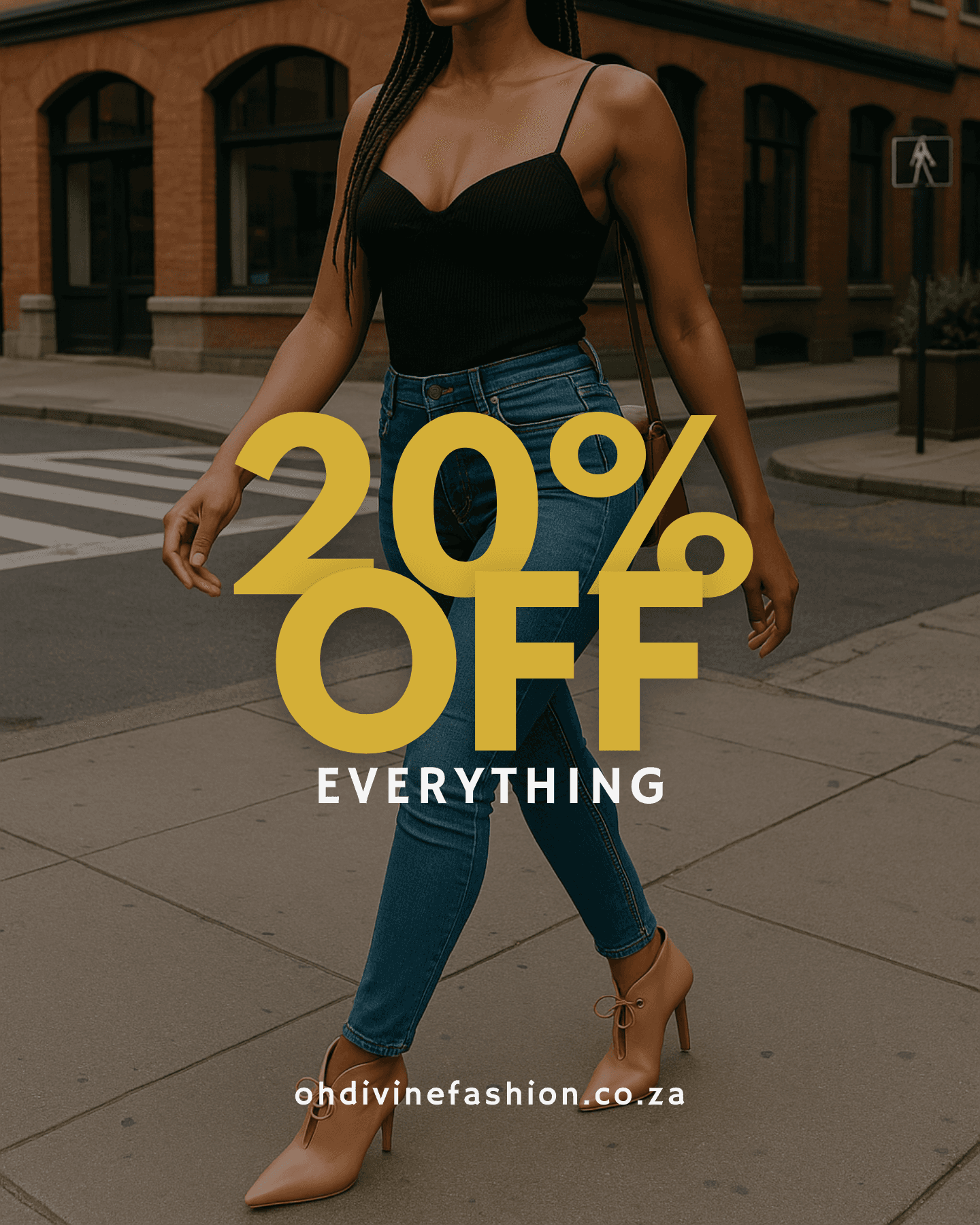 Promotional banner for Oh! Divine Fashion featuring "20% OFF EVERYTHING", showcasing a model wearing a black top, denim jeans, and Amani Nude Luxe Heels walking on a city street, complete with the website URL ohdivinefashion.co.za.
