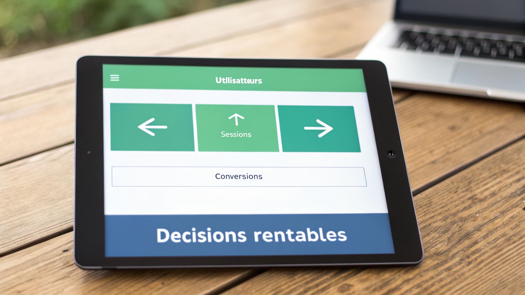 Tablette sur une table en bois affichant un tableau de bord d'analyse avec utilisateurs, sessions et conversions.