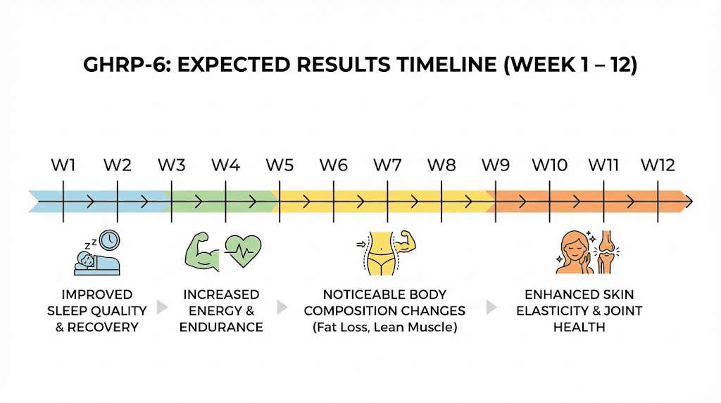 GHRP-6 peptide results timeline showing expected effects by week