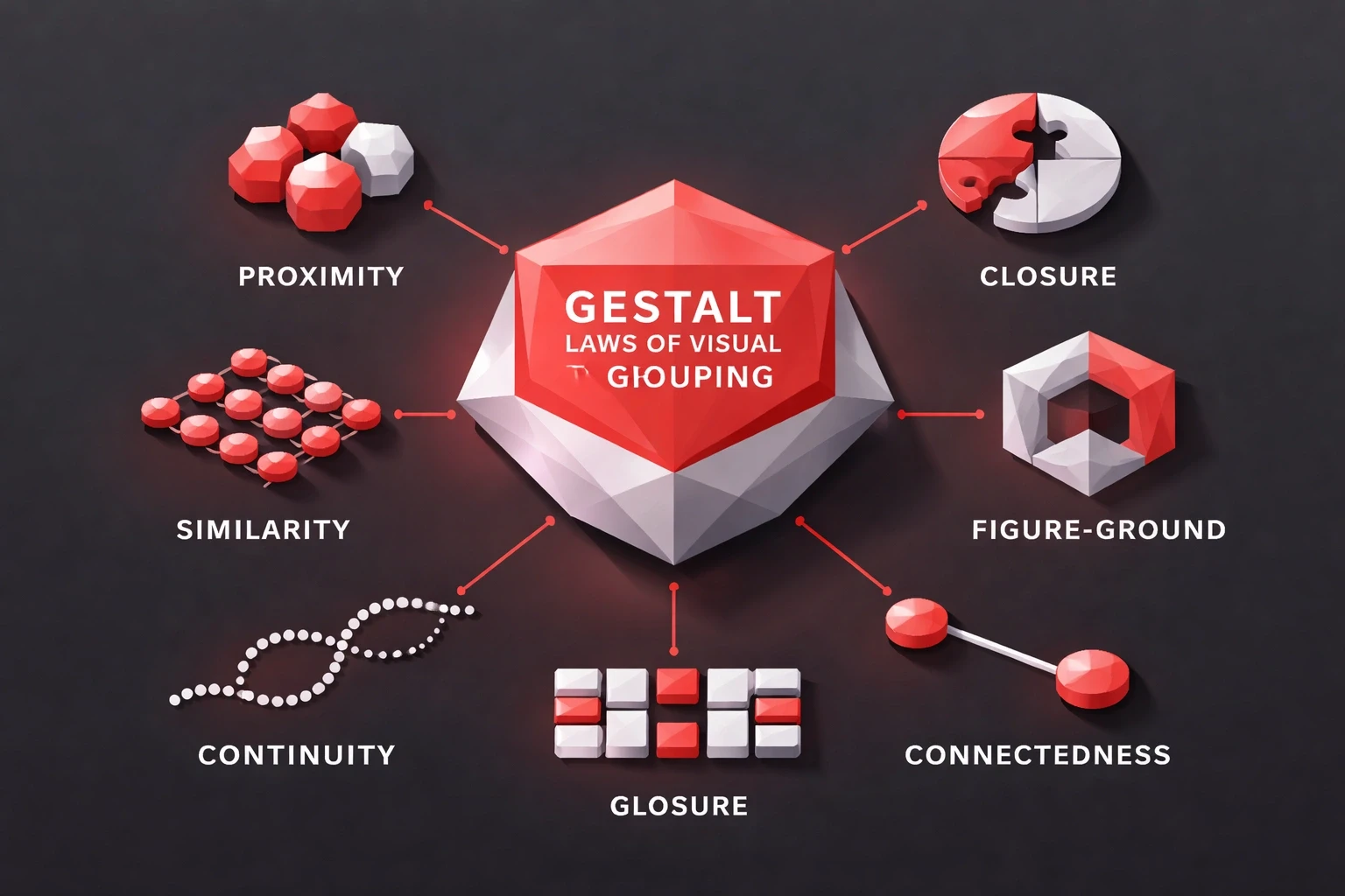 Isometric low‑poly flowchart illustrating Gestalt visual grouping principles with faceted polygonal icons for each law, connected by arrows, highlighted in bright red accent on a dark gray background.