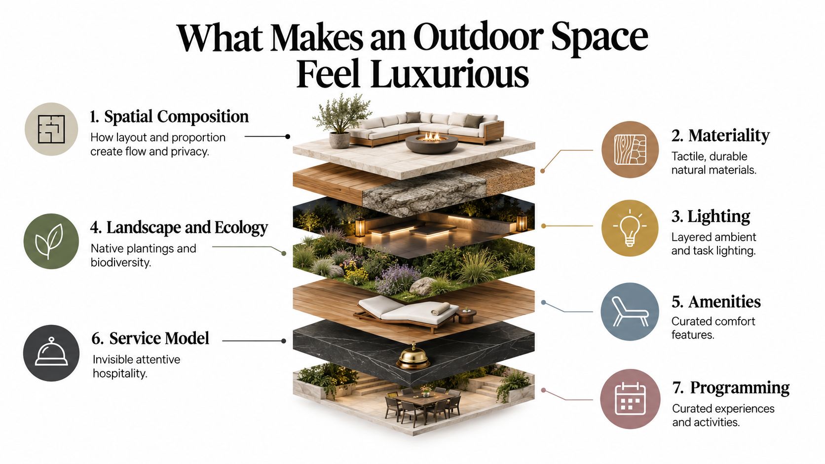 An infographic illustrating seven key elements that contribute to creating a luxurious outdoor living environment.