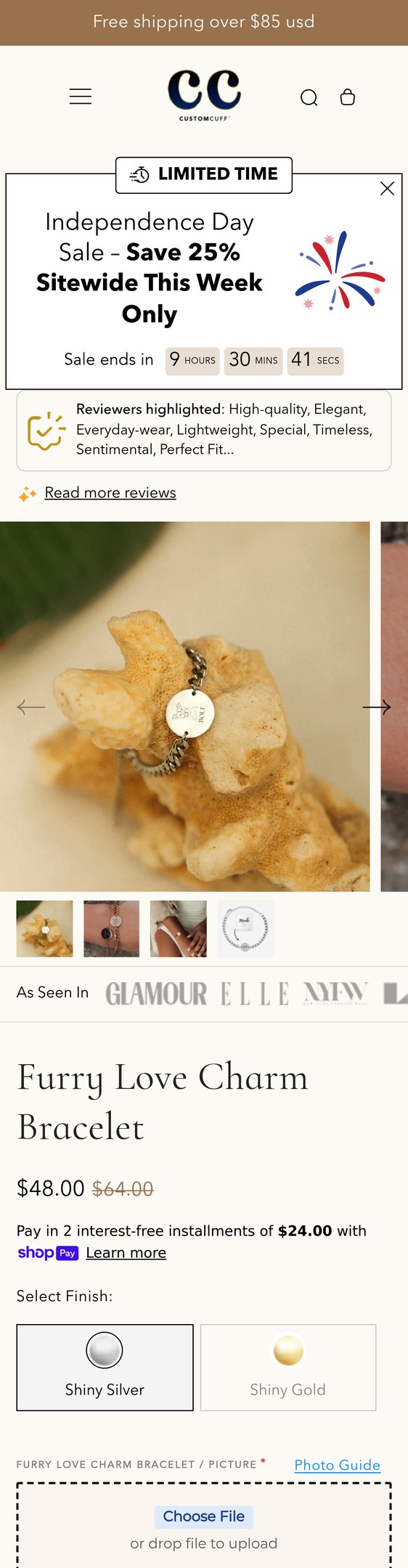 Jewelry product options include: bracelet, pendant for Furry Love Charm Bracelet from Customcuff.