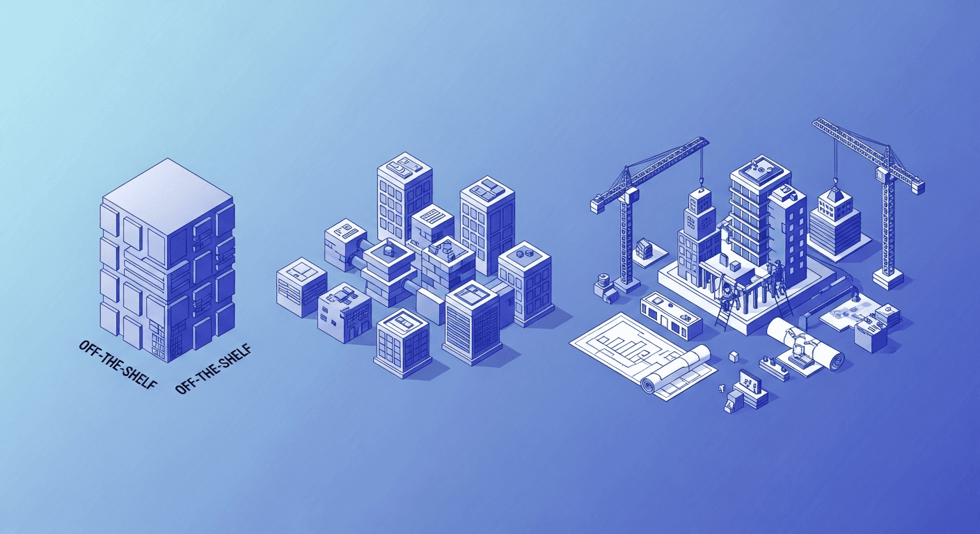 A modern business illustration showing a spectrum or gradient from left to right. On the left side, show a rigid, fixed box structure representing generic software. In the middle, show flexible, modular building blocks that can be rearranged, representing configurable customization. On the right side, show a completely custom architecture being built from scratch with blueprints and construction elements. Use a clean, professional color palette with blues and purples. Isometric or flat design style. No text or letters.