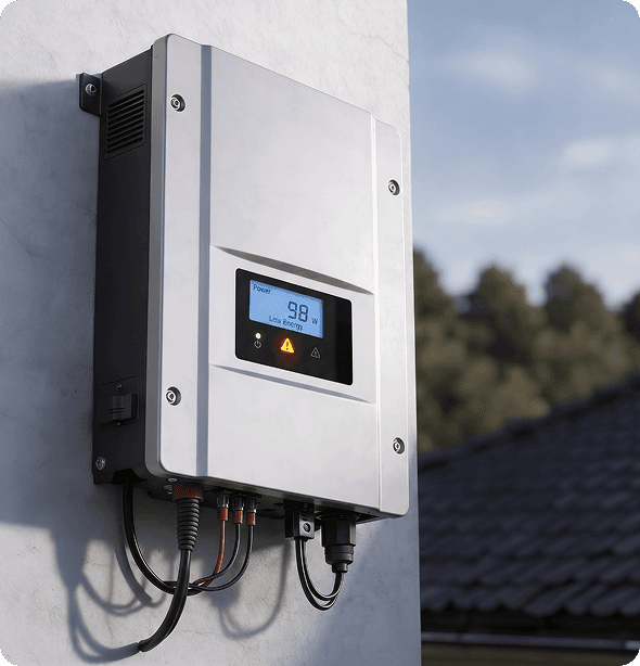 Solar inverter mounted on an exterior wall displaying a low energy warning