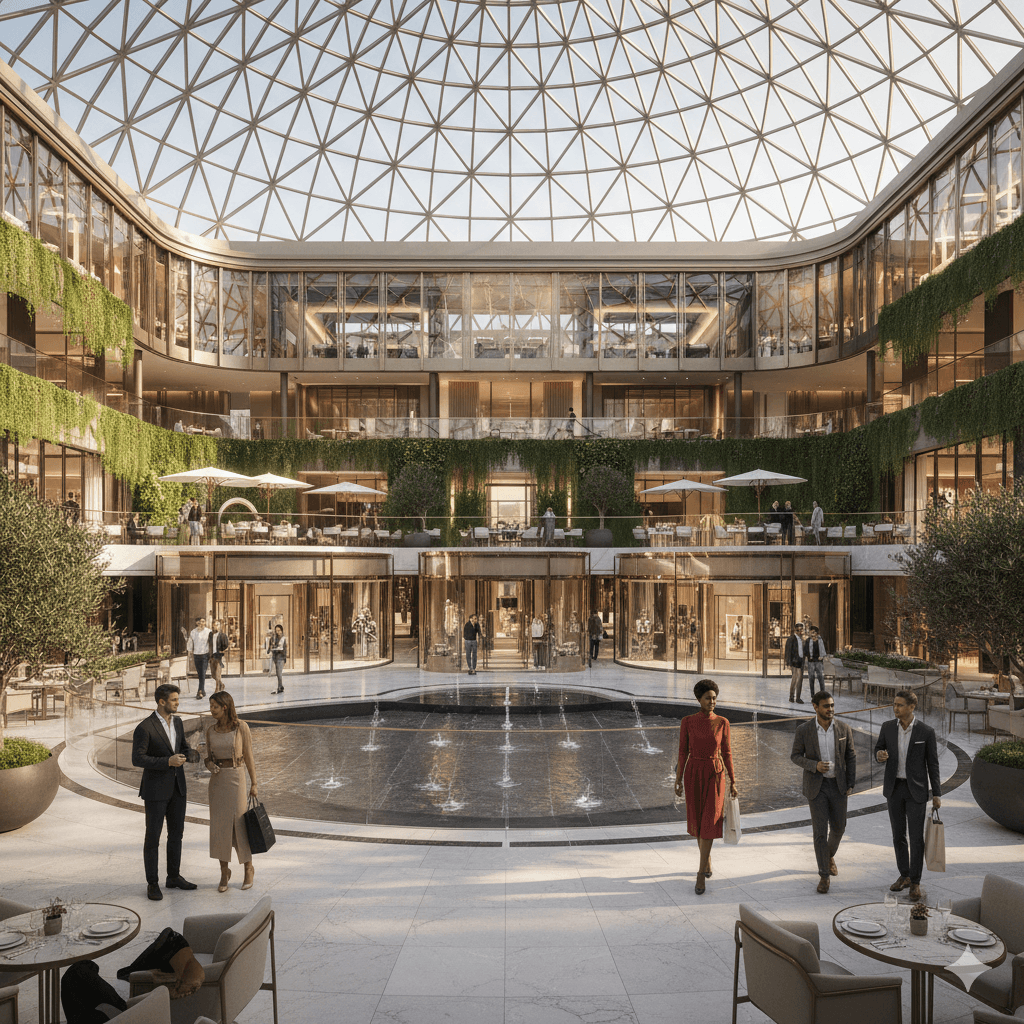 Luxury open-air atrium with premium retail storefronts, central fountain, and fine dining terraces in Gurgaon.