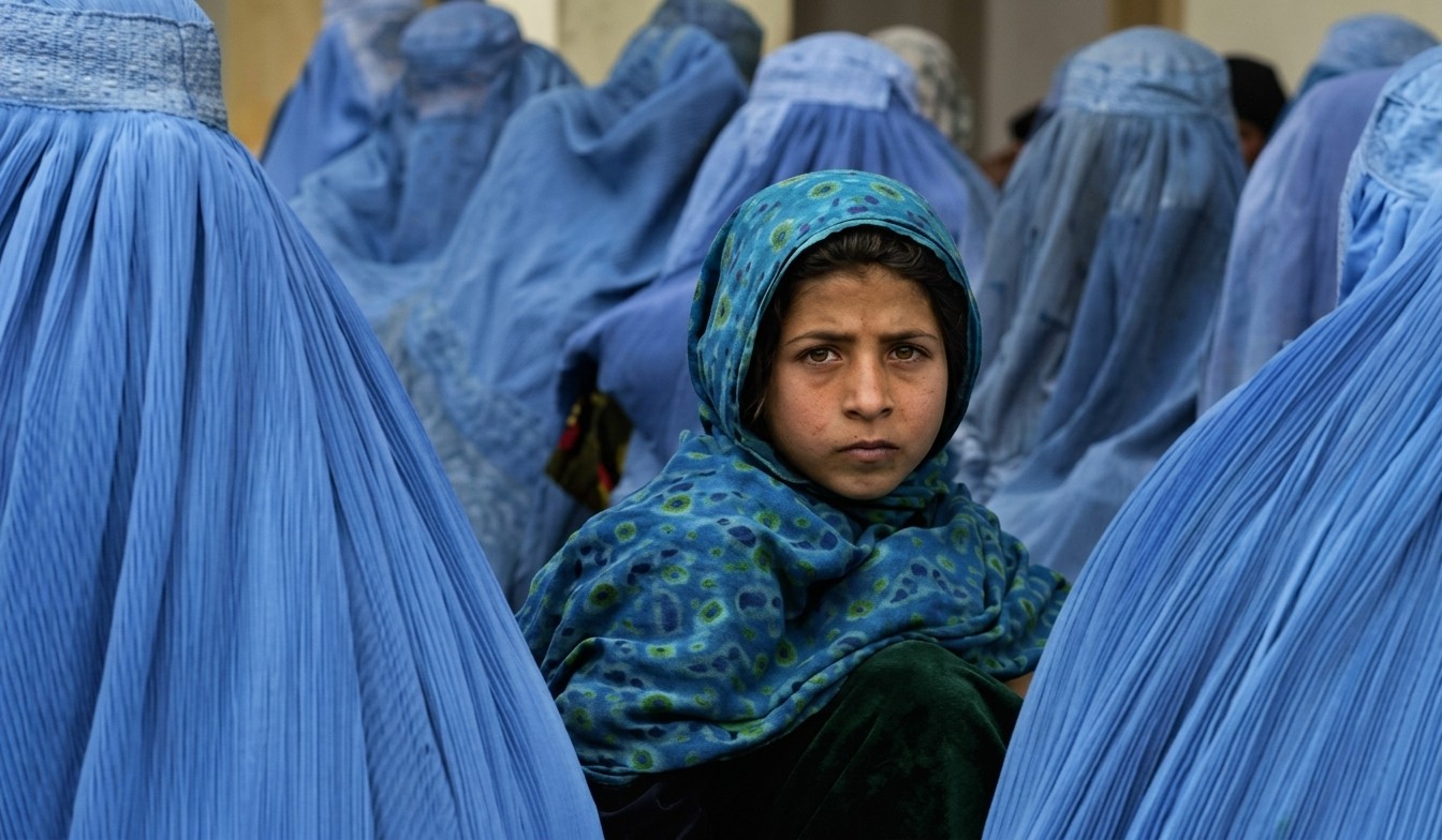 Girl in a green headscarf surrounded by women in blue burqas