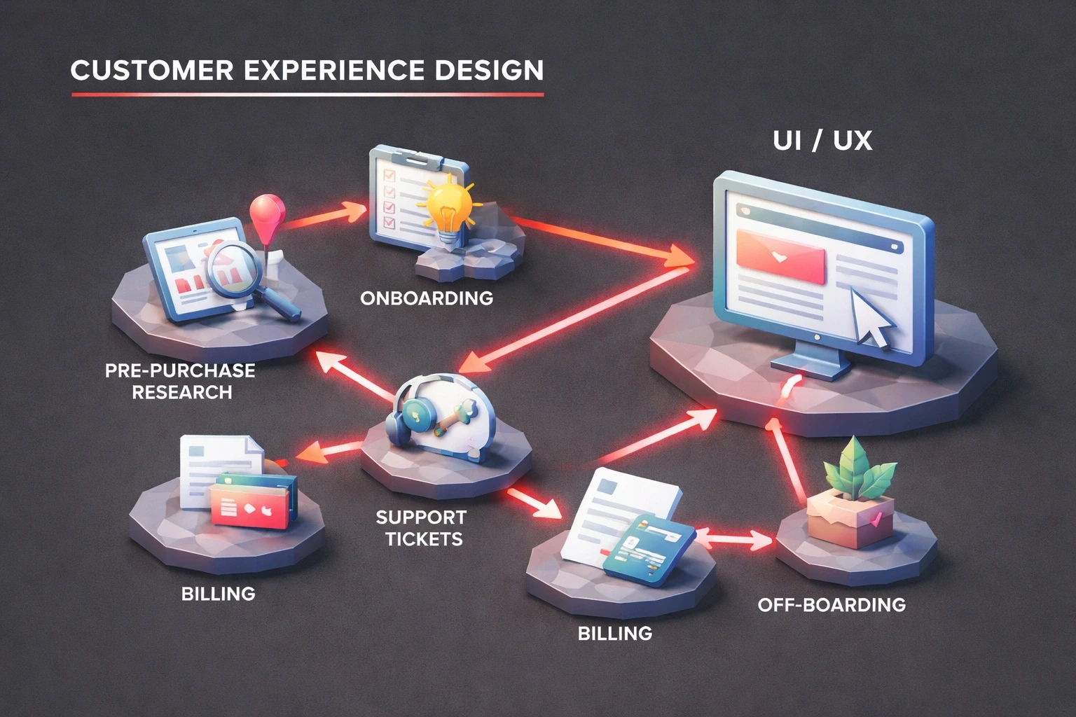 Isometric low‑poly flowchart showing the Customer Experience Design journey compared to UI/UX as a single node, highlighted with accent color #ed3c48 on a dark #212121 background.