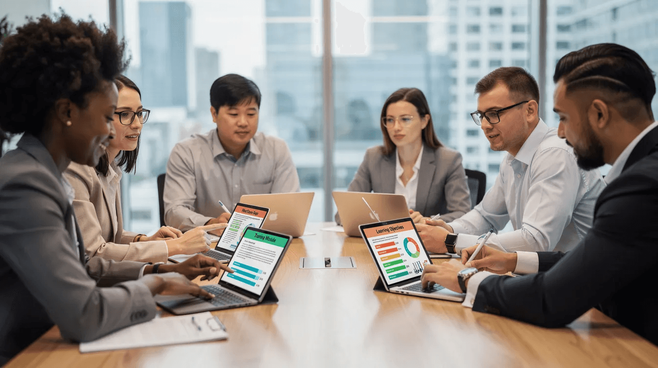 Une équipe diversifiée est rassemblée autour de tablettes et d'ordinateurs portables, examinant des matériaux de formation pour optimiser la gestion des formations. Cette collaboration illustre l'importance des centres de formation dans le développement des compétences professionnelles.