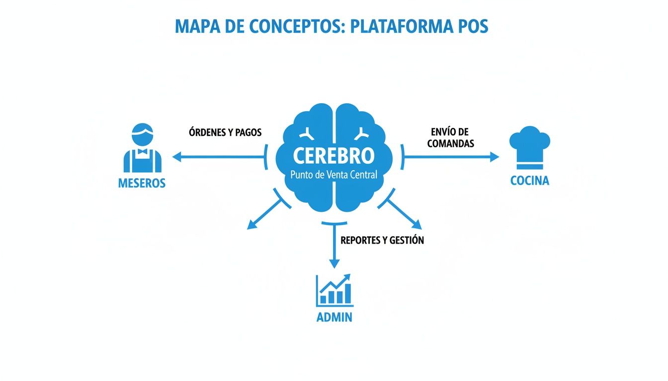 Mapa de conceptos de plataforma POS con cerebro central conectando meseros, cocina y administración para pedidos, pagos y gestión.
