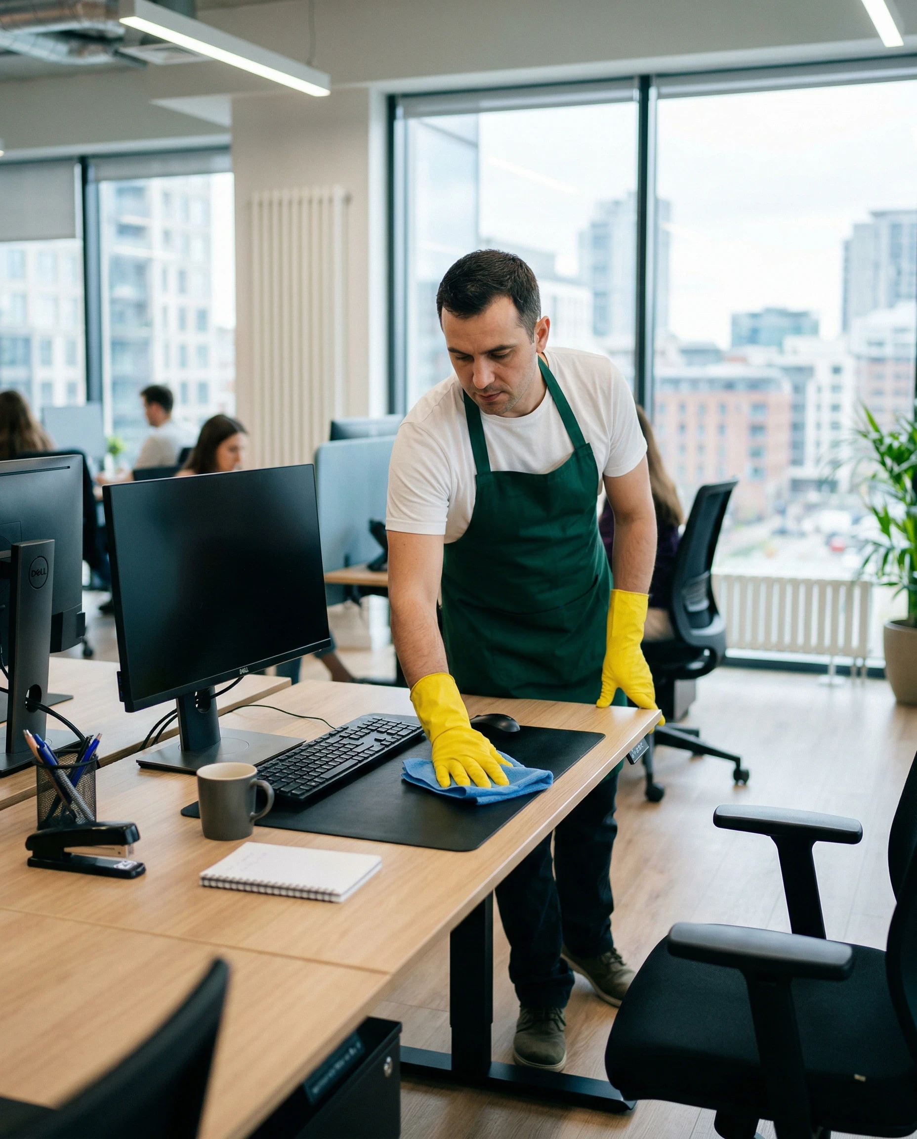 A man in gloves cleans an office desk with a cloth.