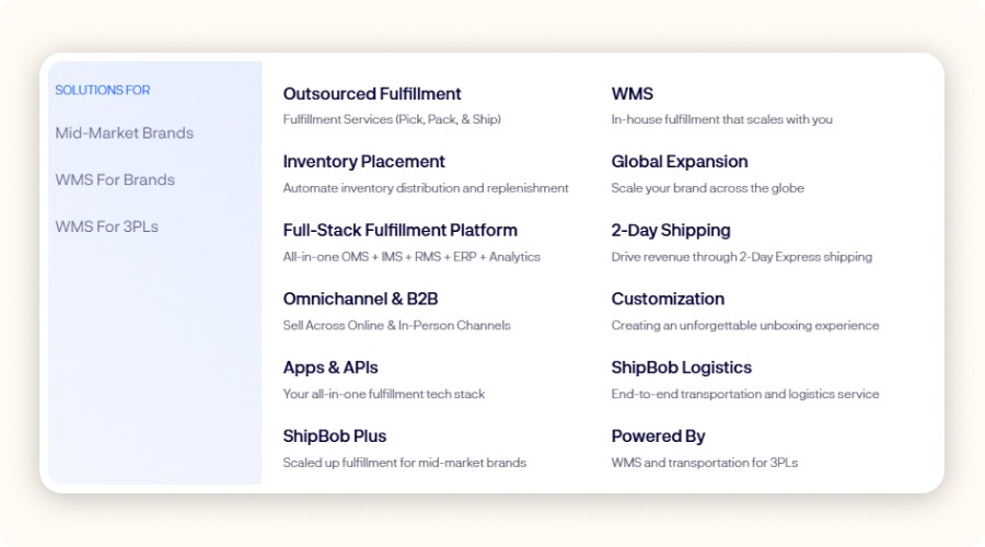 ShipBob solutions menu showing fulfillment services, WMS, global expansion options.