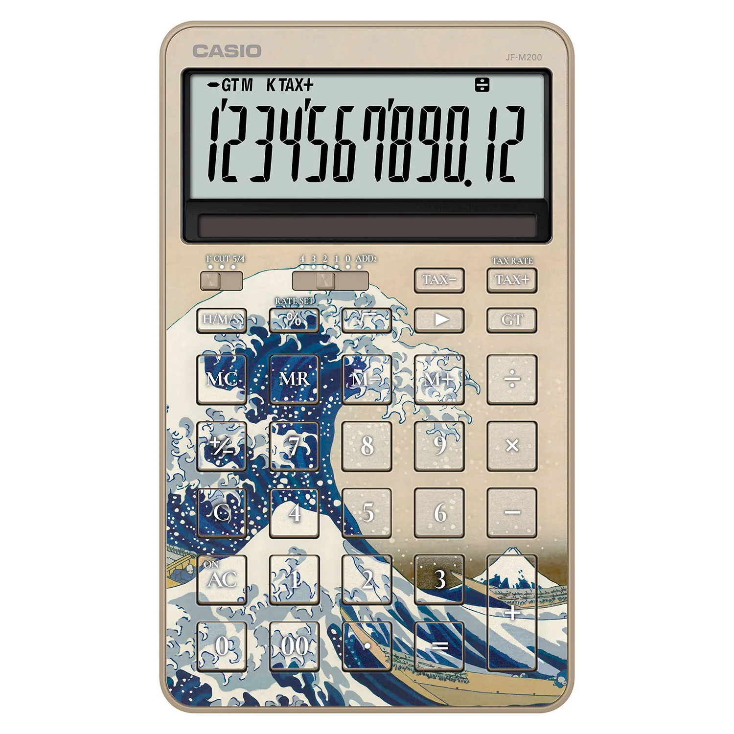 Casio JF-M200-TJ calculator in gold, a desktop calculator with a large display and Hokusai Great Wave artwork across the keys.