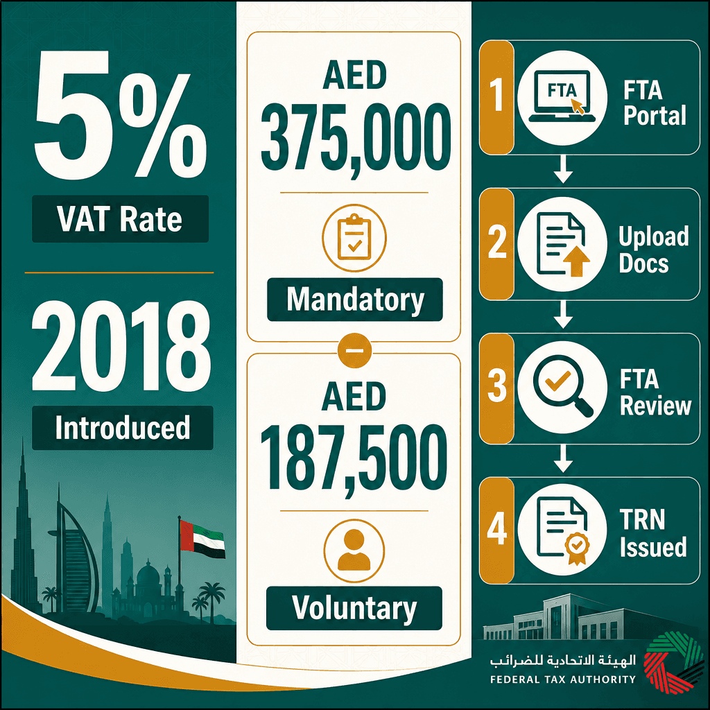 Infographic: VAT Registration in UAE: Process, Threshold & Documents (Step-by-Step Guide)