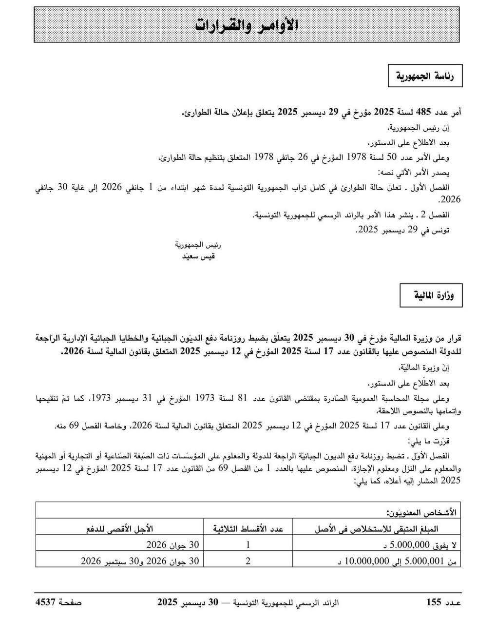calendrier paiement amnistie fiscale tunisie 2026