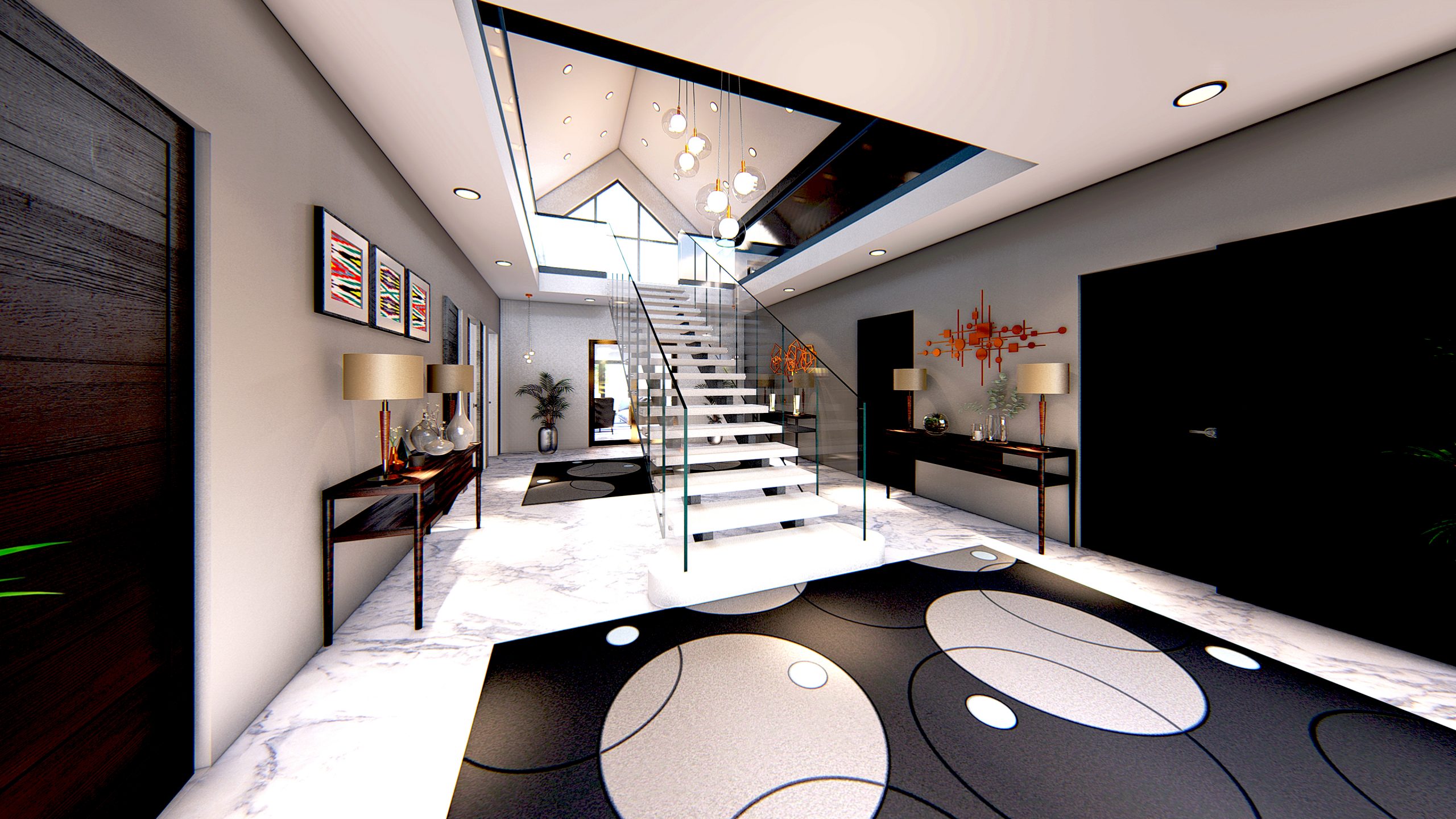 Interior render of a luxury new build home in Dore, Sheffield featuring a double-height hallway with a glass staircase, marble flooring and modern contemporary furnishings.