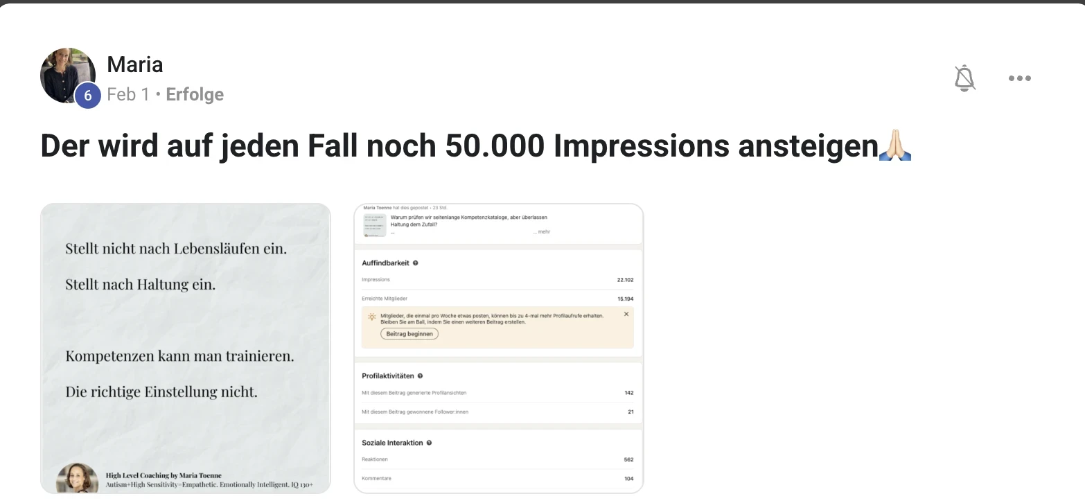 Erfolgsbericht KI Creator Akademie: Coach Maria erreicht 22.102 LinkedIn-Impressionen mit einem Beitrag