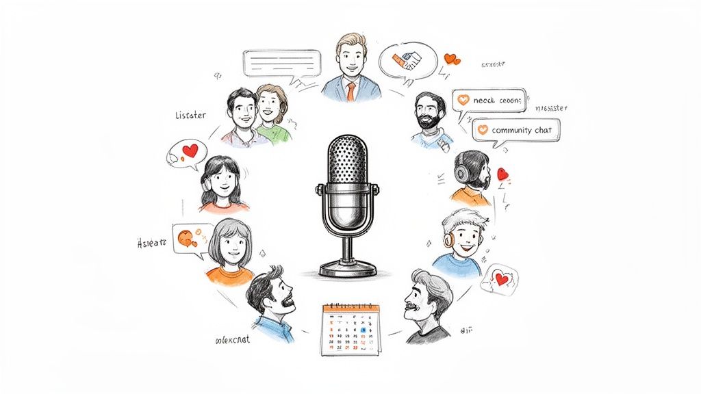 Cartoon illustration of diverse people interacting around a microphone, symbolizing a vibrant podcast community.