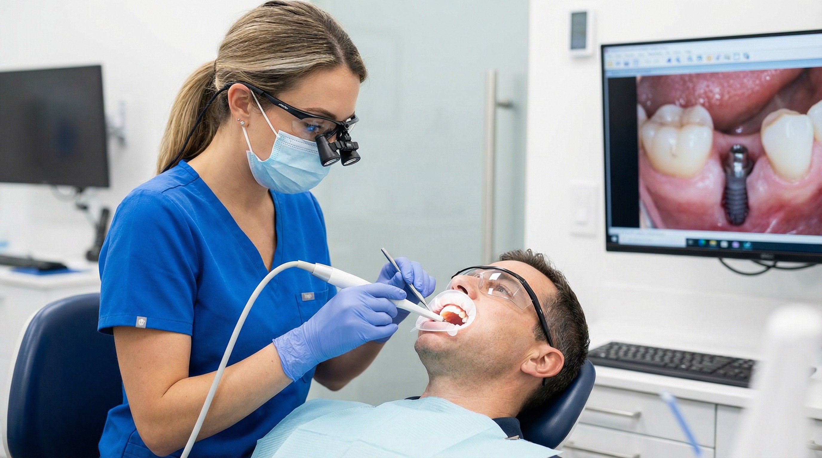 Dental professional conducting thorough implant examination and monitoring for long-term implant health