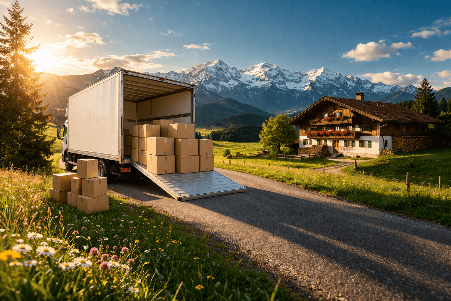 Entrümpelung und Umzugsservice im Allgäu Kempten – Transporter mit Umzugskartons vor Haus in ländlicher Umgebung