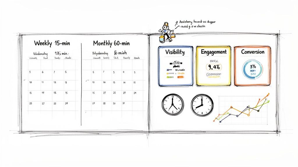 A hand-drawn sketch dashboard showing weekly and monthly calendars, alongside metrics for visibility, engagement, and conversion.