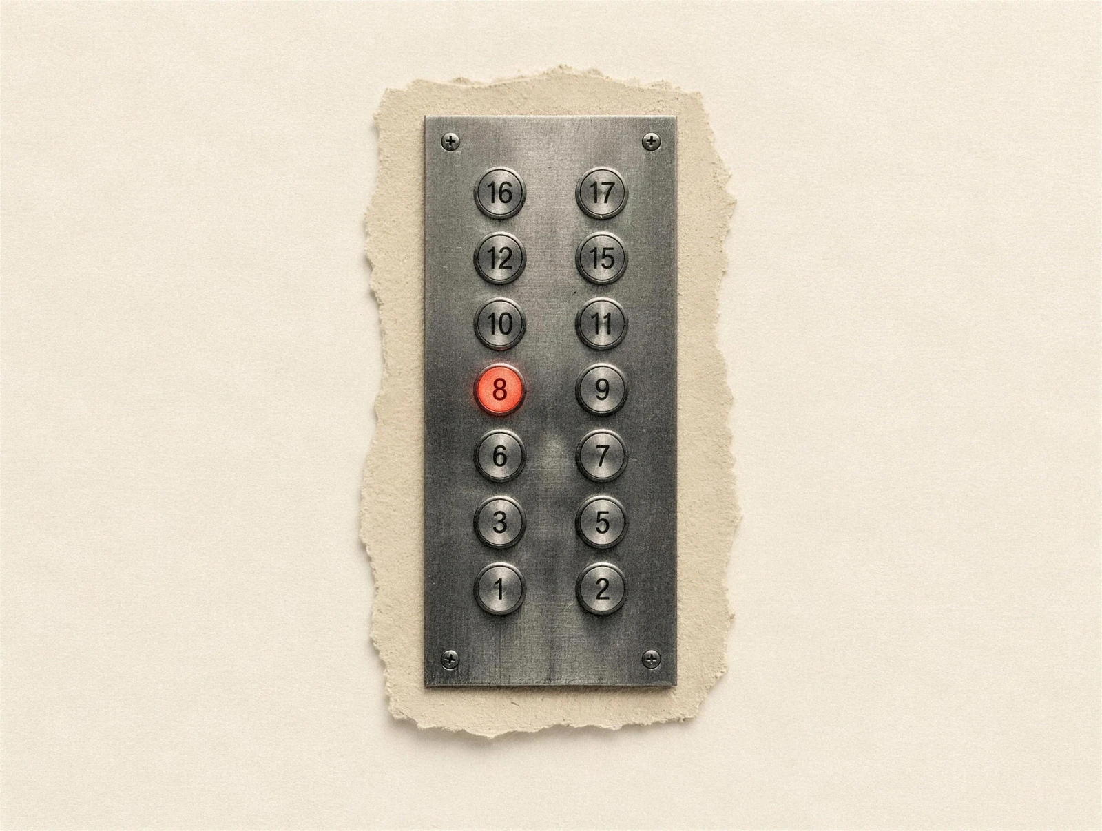 A black-and-white Hong Kong lift panel with buttons from 1 to 17 that skips 4, 13 and 14, with the button for floor 8 lit red.