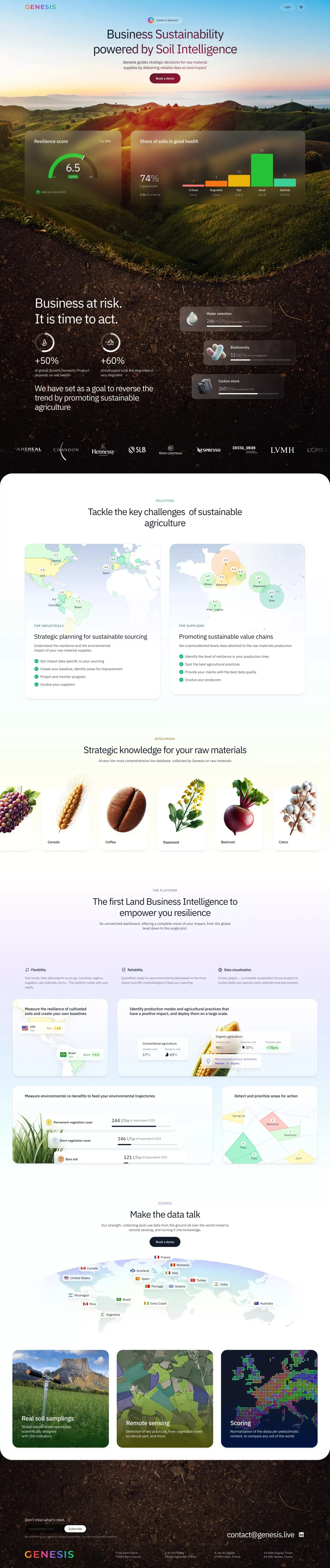 Genesis Soil Intelligence landing page screenshot showcasing Finance and Nature design