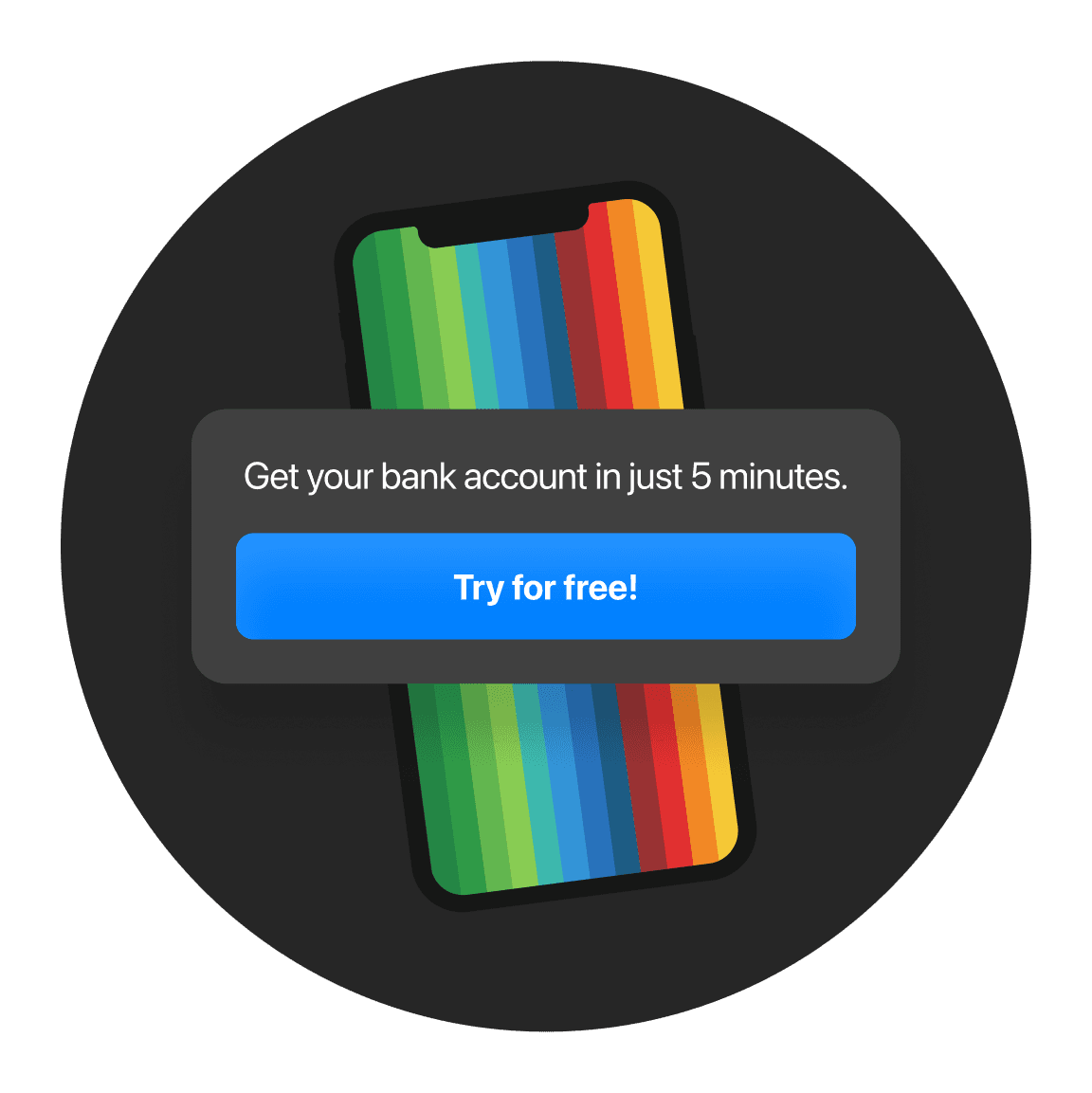 A hand holding a smartphone displaying a colorful loading screen with a prompt to tap for further action.