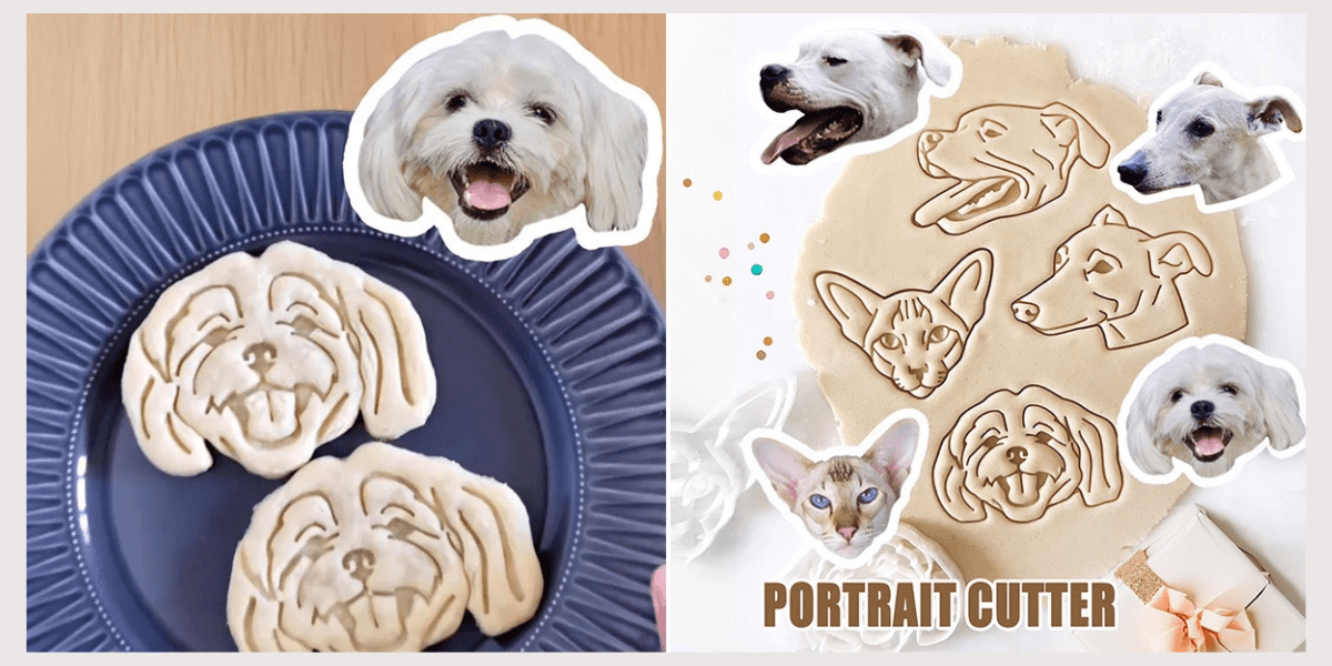 Custom portrait cookie cutters featuring pets, adding a personalized touch to baked goods with playful, unique designs.