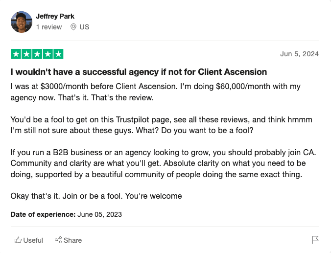 Screenshot of Trustpilot Review of Client Ascension by Jeffrey Park, Agency Owner.