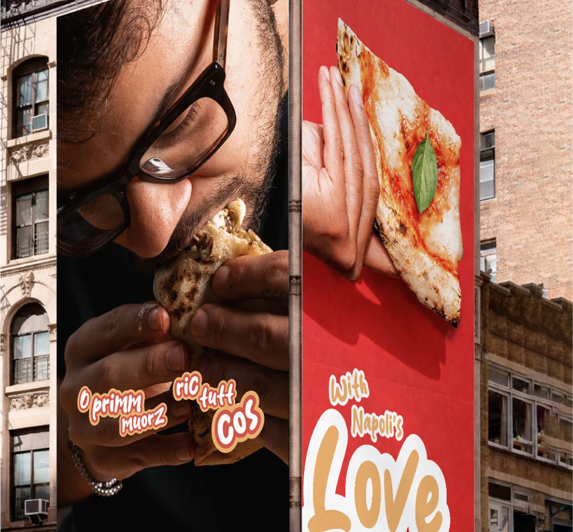 Nu Muorz street poster campaign featuring pizza visuals, bold red backgrounds and branded typography.