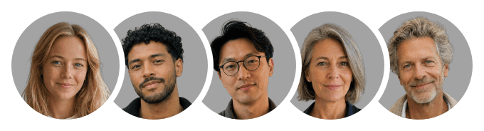 Five fictional people on a mid grey background