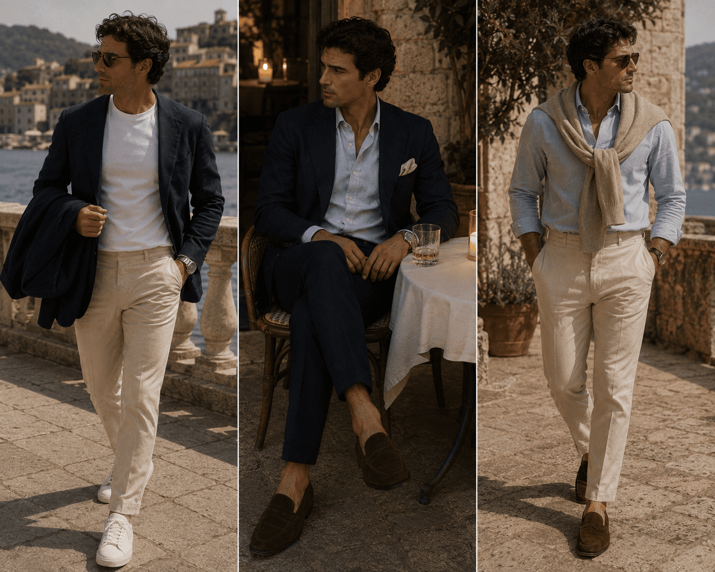 A three-panel triptych displaying smart-casual Mediterranean menswear styled by a dark-haired man with sunglasses. On the left, he walks along a stone coastal promenade wearing a dark navy unstructured blazer, a white t-shirt, light beige tailored trousers, and white leather sneakers. In the center, he sits at a café table in evening light wearing a dark navy suit, a light blue unbuttoned shirt, a white pocket square, and dark brown suede loafers. On the right, he walks outdoors wearing a light blue button-down shirt, a beige sweater knotted over his shoulders, high-waisted beige trousers, and brown suede loafers.