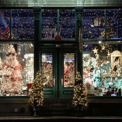 Storefront with Christmas light display in Chester County