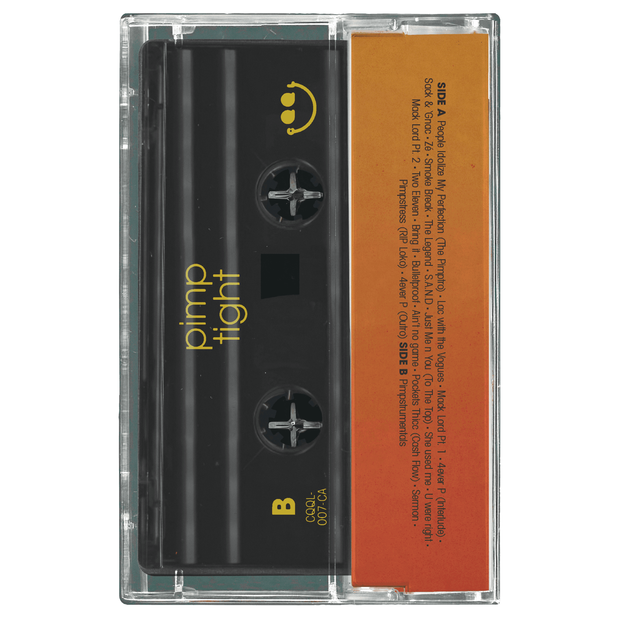 Cassette tape with 'pimp tight' branding on a white background