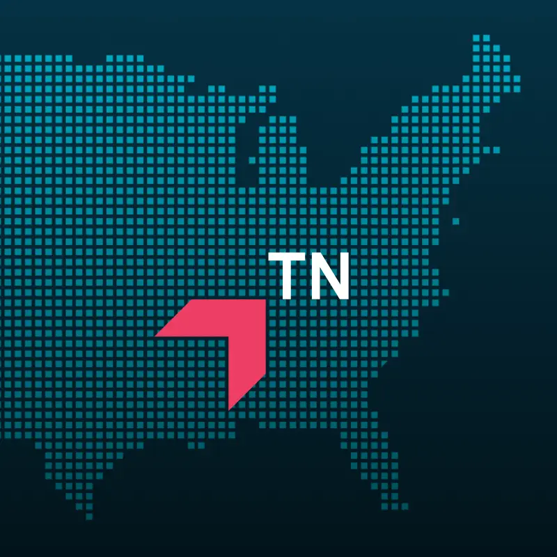Map highlighting Tennessee with a red arrow, representing GIA Group, LLC truck insurance coverage area.