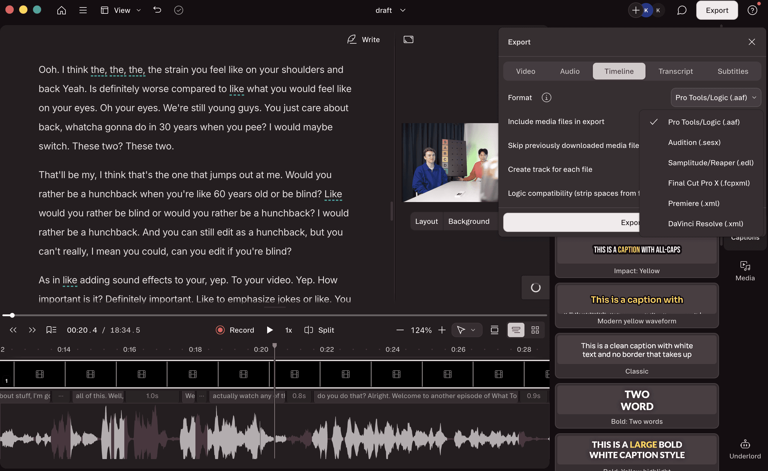 Descript export panel showing Timeline tab with format options including Premiere XML, Final Cut Pro, DaVinci Resolve, Pro Tools, and Audition alongside caption style presets