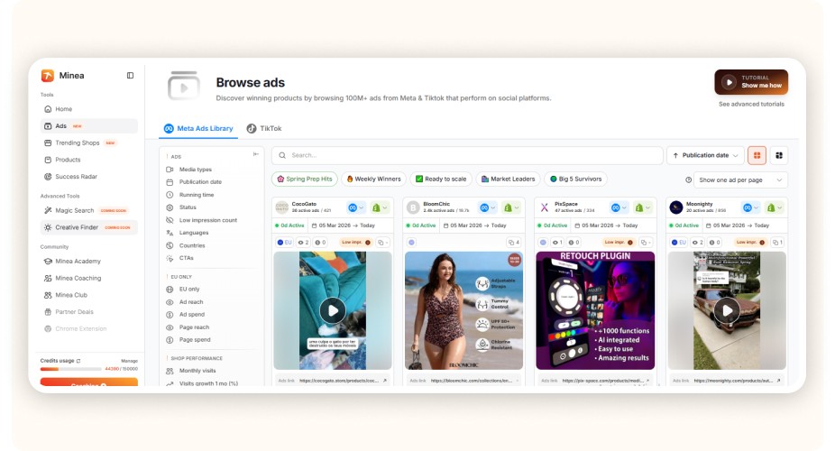 Interface Minea affichant bibliothèque publicitaire Meta avec plusieurs annonces produits.