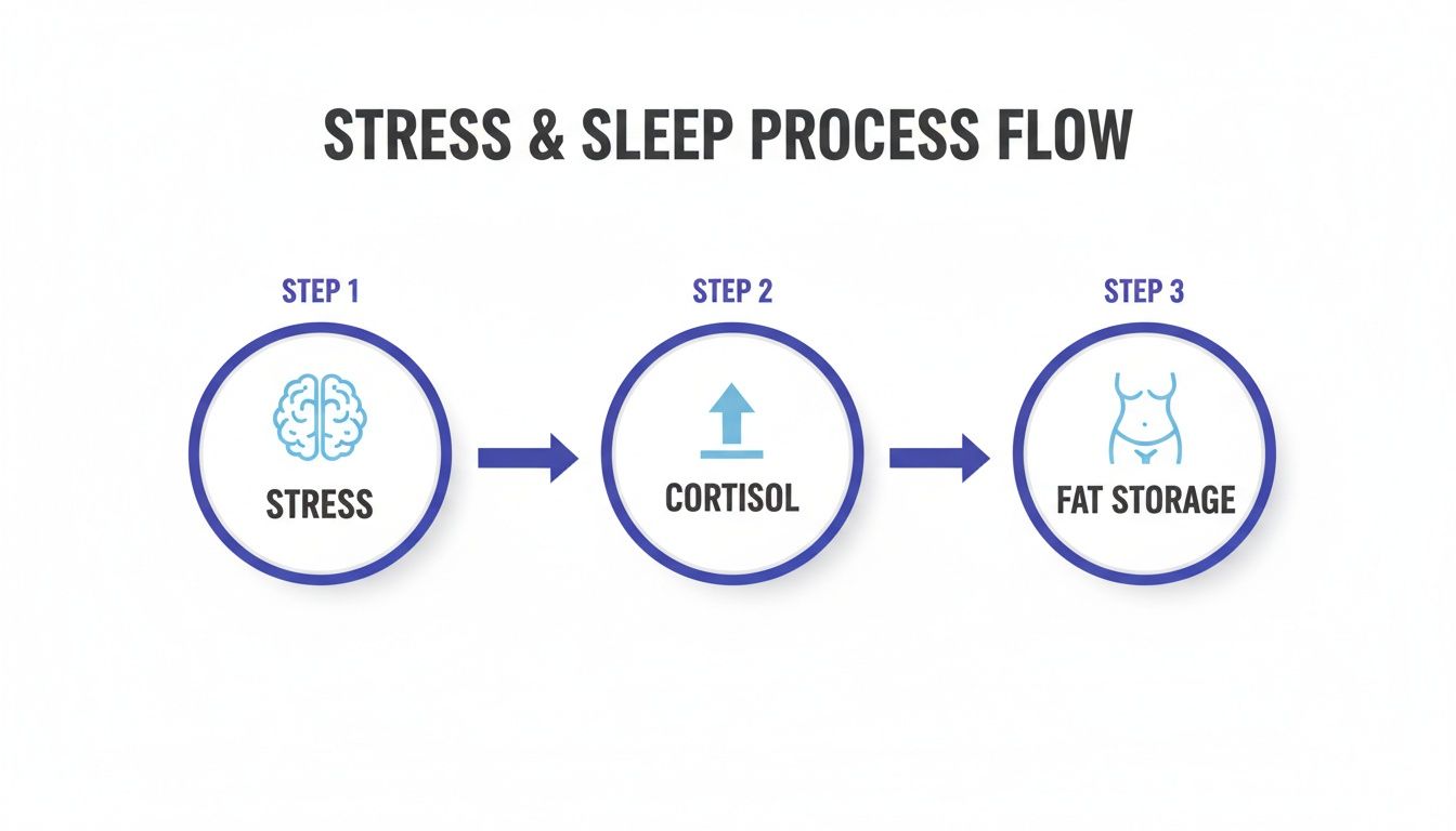 A flowchart illustrating the stress and sleep process flow, from stress to cortisol and fat storage.