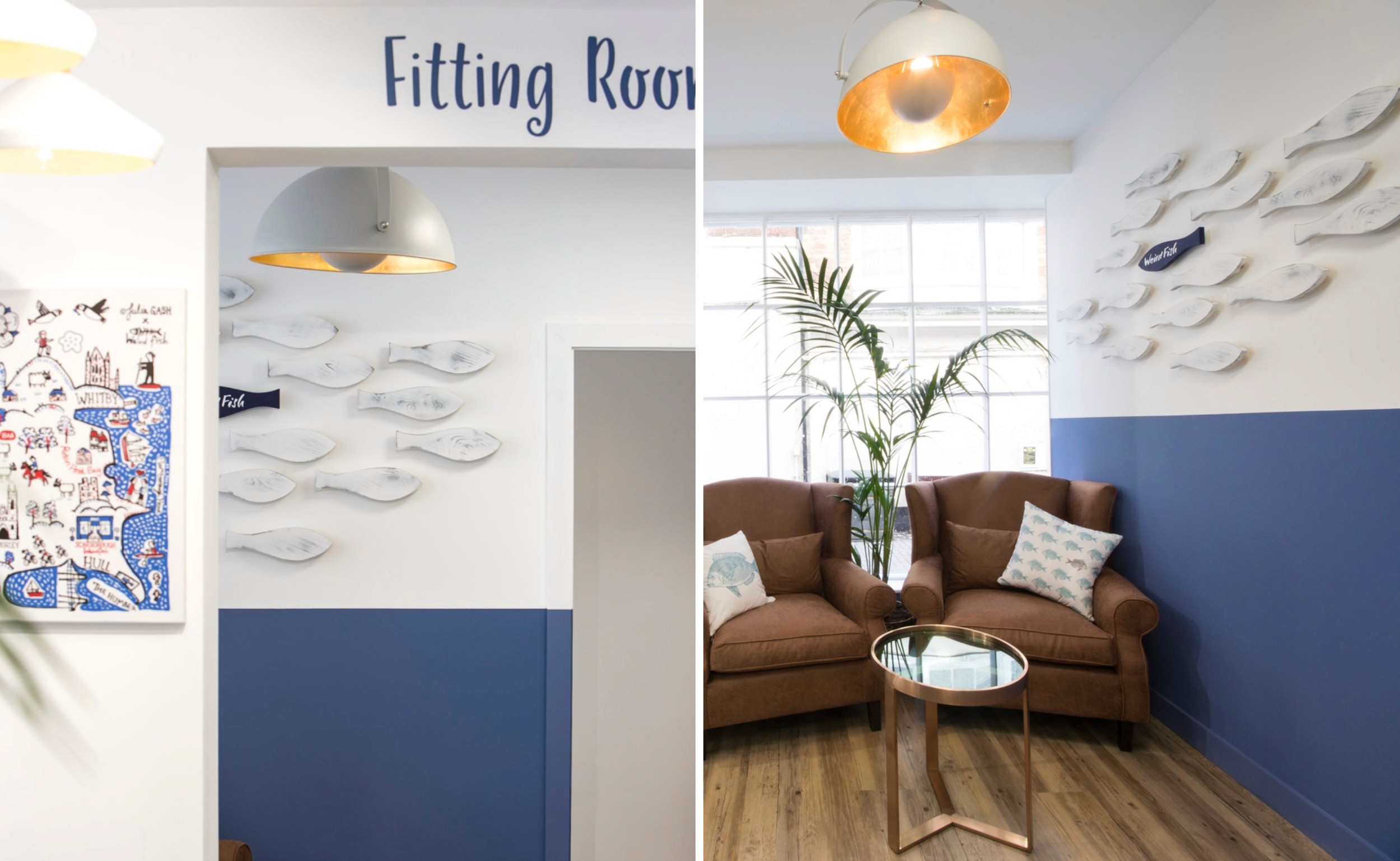 Commercial retail interior design featuring a customer lounge and fitting room area, combining branded graphics, warm lighting, and seating to enhance the in-store experience