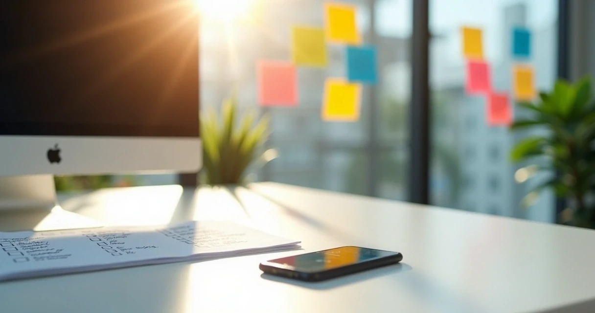 Consultório de nutrição bem organizado com computador, listas e material de trabalho