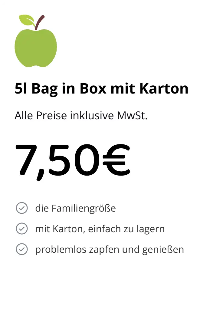Preiskarte MostMobil 5-Liter-Bag-in-Box mit Karton: 7,50 €, Familiengröße, einfach zu lagern und zapfen