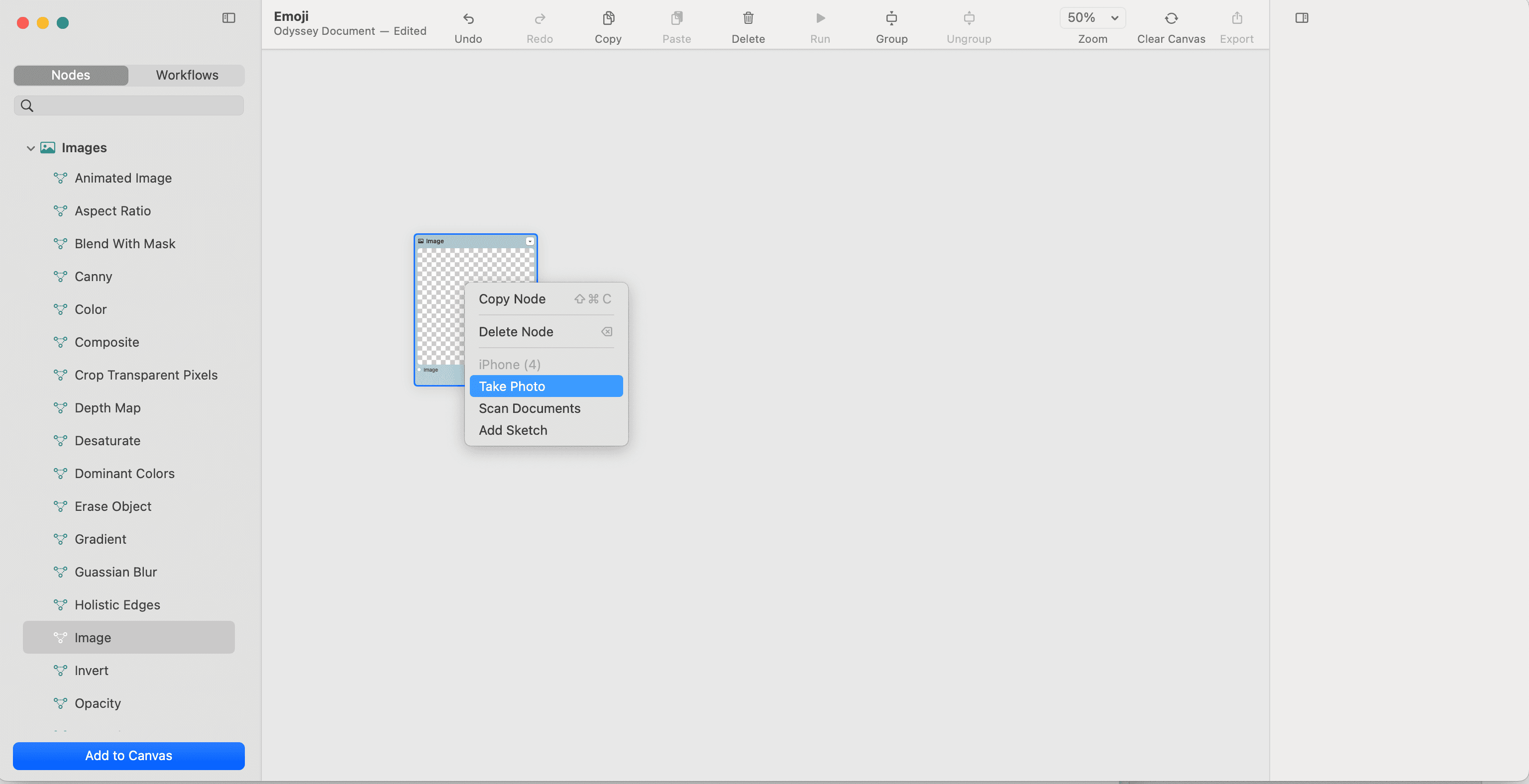 Right clicking on a blank image node in Odyssey and taking a photo