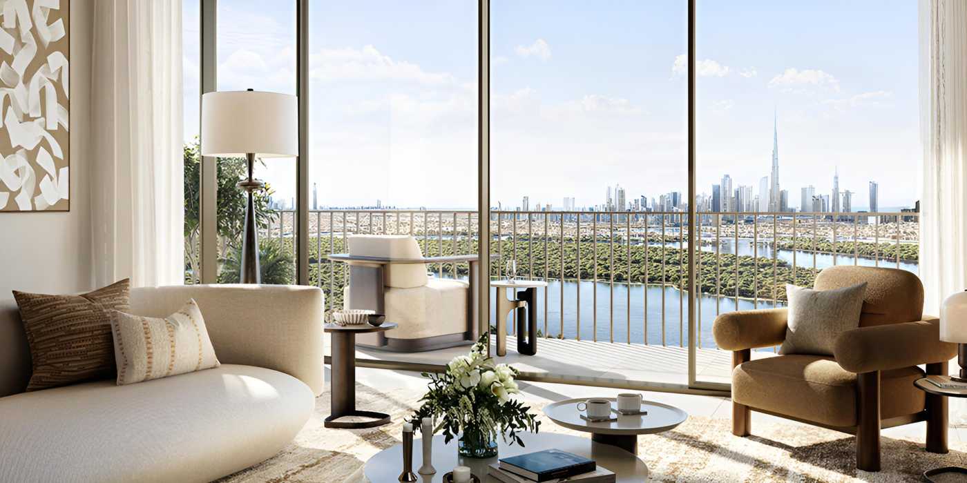 Creek Haven's living room showcases a modern design with expansive windows overlooking the vibrant cityscape.