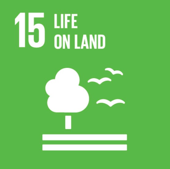 The image represents the fifteenth United Nations Sustainable Development Goal (SDG 15), which is "Life on Land." It features a green background with the text "15 Life on Land" at the top. Below the text, there is a white icon of a tree, three birds, and a stylized landscape, symbolizing terrestrial ecosystems and biodiversity. This goal emphasizes protecting, restoring, and promoting sustainable use of terrestrial ecosystems, managing forests sustainably, combating desertification, halting and reversing land degradation, and halting biodiversity loss.