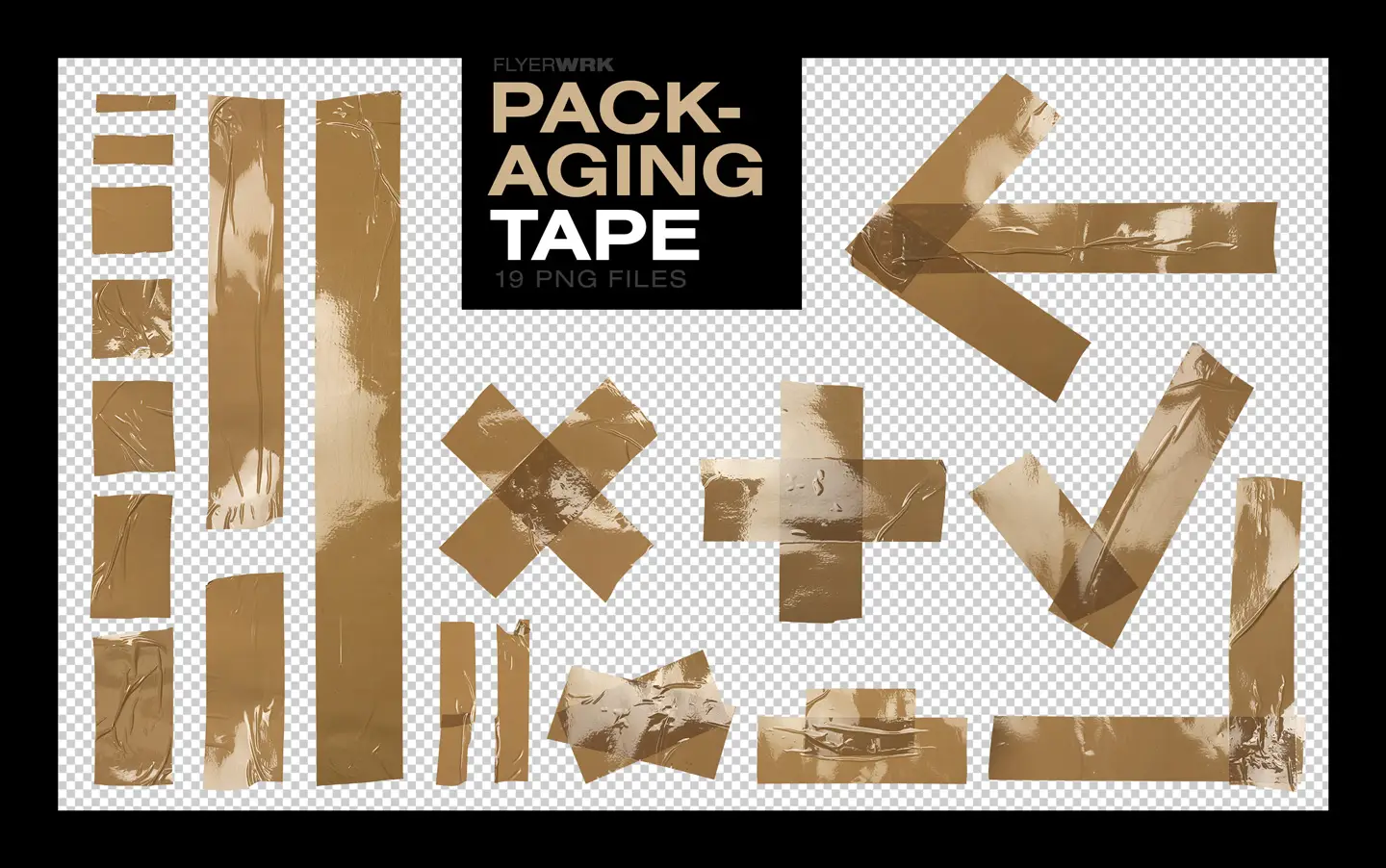 Isolated Adhesive Tape Pieces featuring nineteen brown packaging tape PNG files with realistic glossy textures
