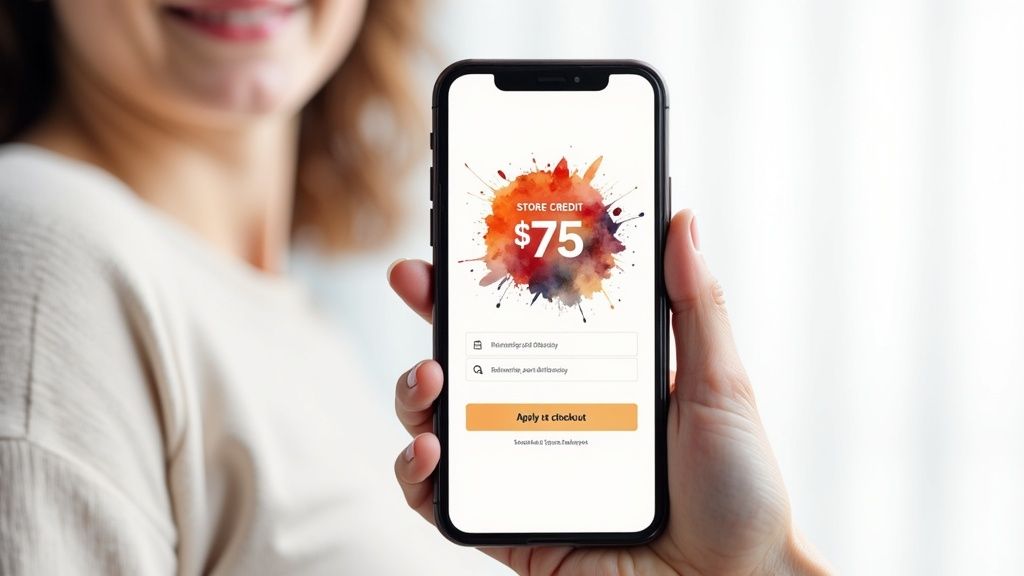 A person holds a smartphone displaying a '$75 store credit' offer and an 'Apply at checkout' button.