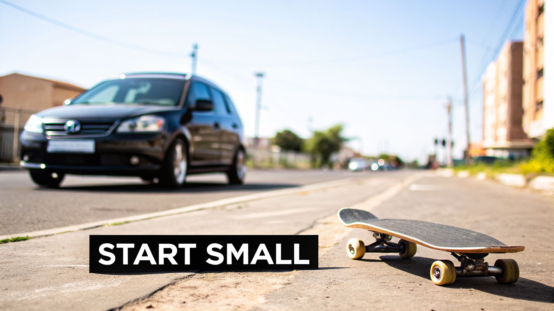 A skateboard rests on a sidewalk next to the text 'START SMALL', with a blurred car and street in the background.